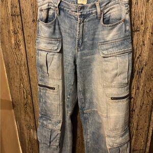 Alice + Olivia Women's Blue High-Rise Cargo Wide-Leg Jeans Pants 29